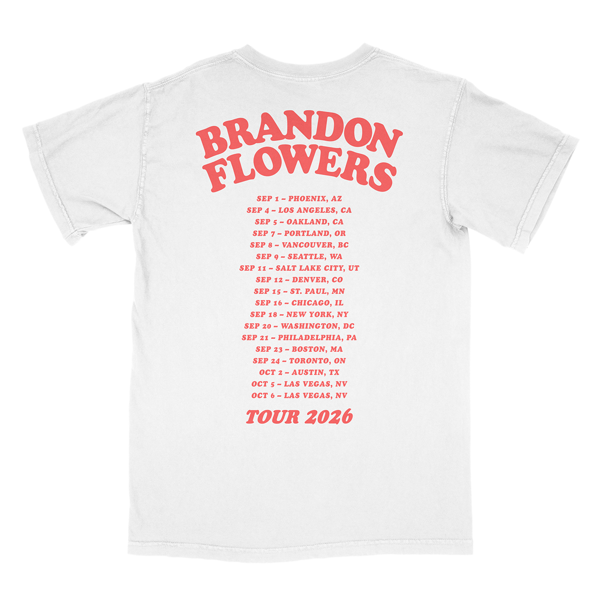 A white short-sleeve T-shirt shown from the back, featuring large red text reading 'BRANDON FLOWERS' with a smaller red 2026 tour city list printed below.