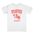 A white short-sleeve crewneck t-shirt featuring a red graphic print of a cowboy riding a bucking bronco, with the text 'BRANDON FLOWERS' and '"THRASHER"' printed below.