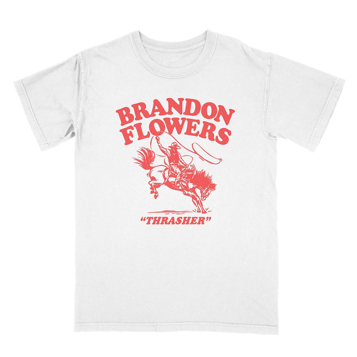 A white short-sleeve crewneck t-shirt featuring a red graphic print of a cowboy riding a bucking bronco, with the text 'BRANDON FLOWERS' and '"THRASHER"' printed below.