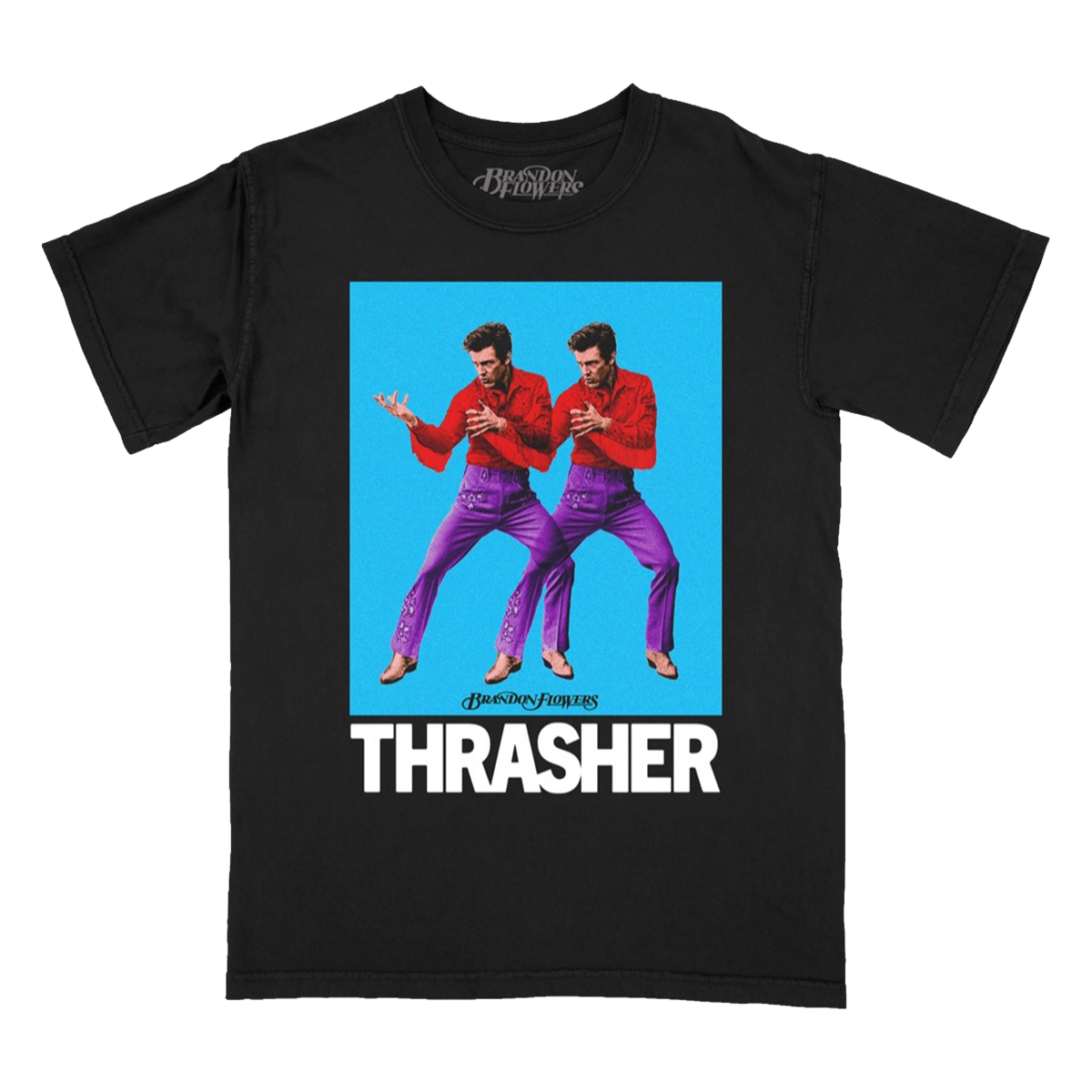 A black short-sleeve graphic t-shirt featuring a large front print of Brandon Flowersn in red shirts and purple pants against a bright blue background, with the word 'THRASHER' in bold white letters below.