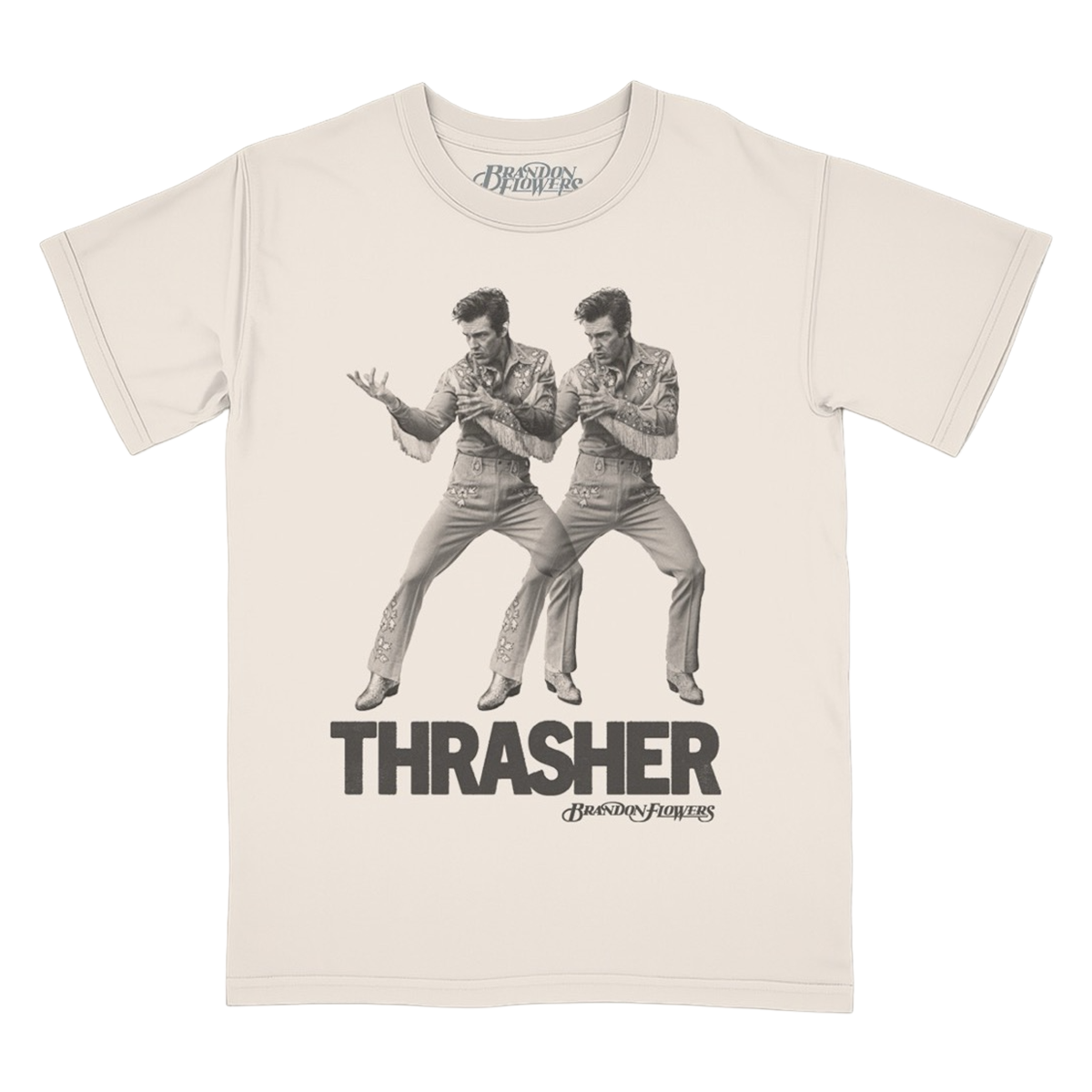 Ivory unisex tee featuring Double Thrasher photo art printed on the front.