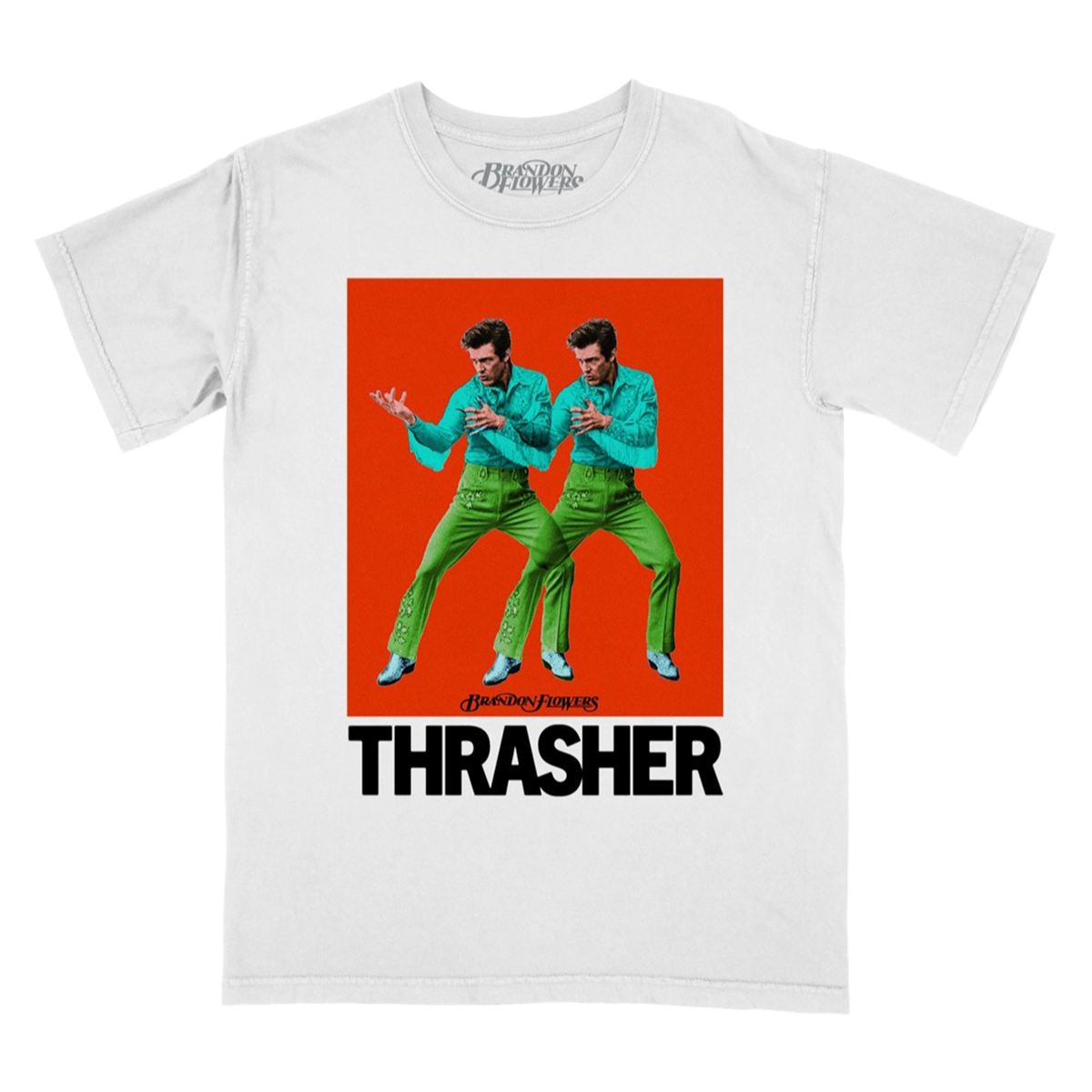 A white short-sleeve crewneck t-shirt featuring a graphic print of Brandon Flowers in bright green outfits against a red-orange background, with the word 'THRASHER' printed in bold black letters below.