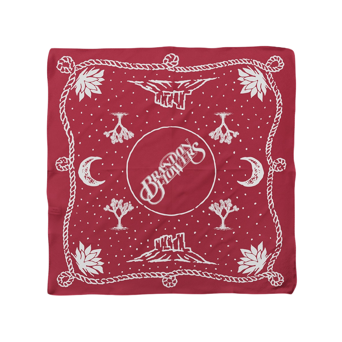 A square red bandana featuring a white desert-themed graphic print with the words 'Brandon Flowers' in a central circle, surrounded by moons, cactus silhouettes, stars, and a rope border.