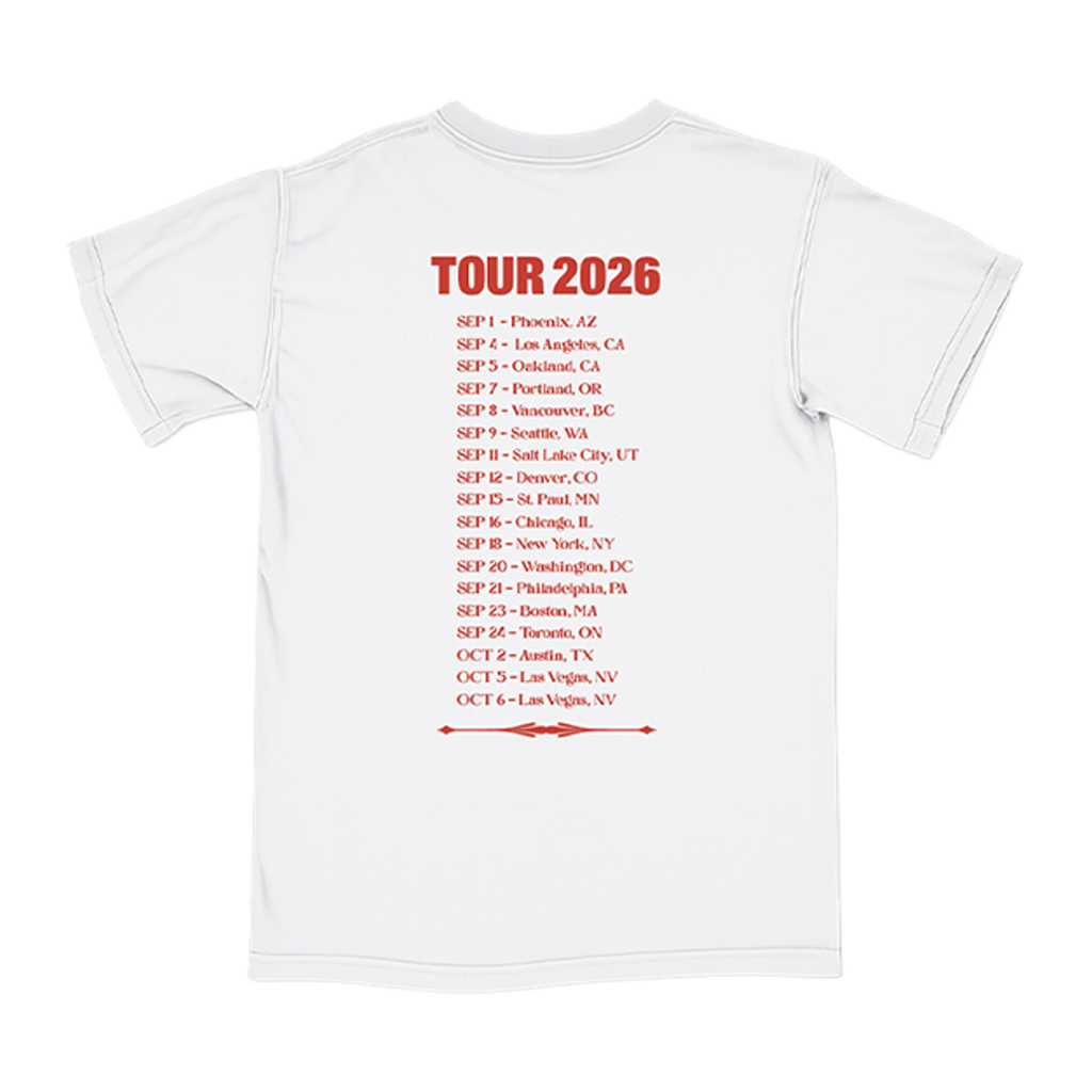 A white short-sleeve t-shirt shown from the back, featuring a red printed graphic that reads 'TOUR 2026' followed by a list of tour dates in red text.