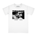 A white short-sleeve crewneck t-shirt featuring a black and white graphic print of a Brandon Flowers under the word 'THRASHER' and above 'BRANDON FLOWERS'.